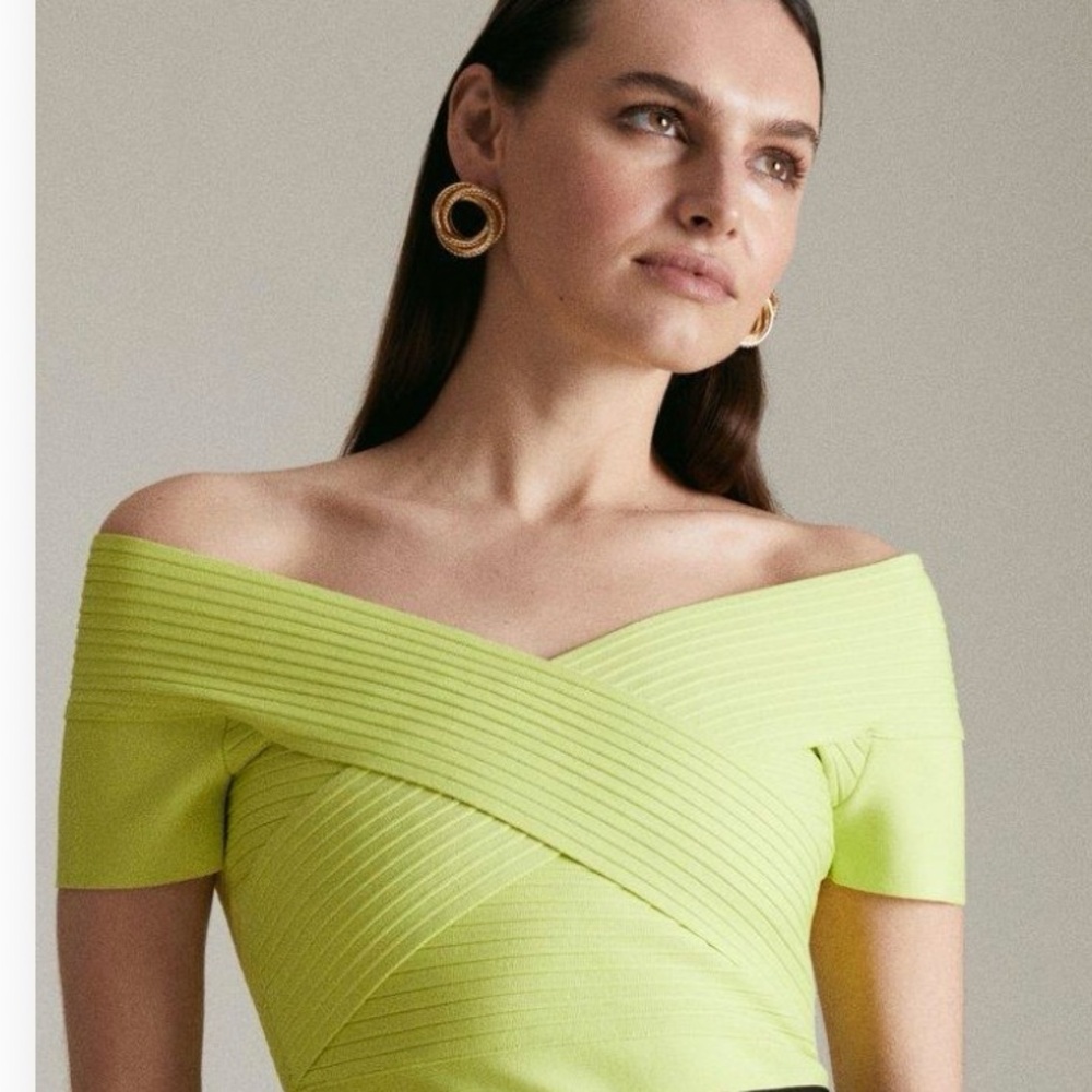 Karen Millen Lime Ribbed Off-Shoulder Top